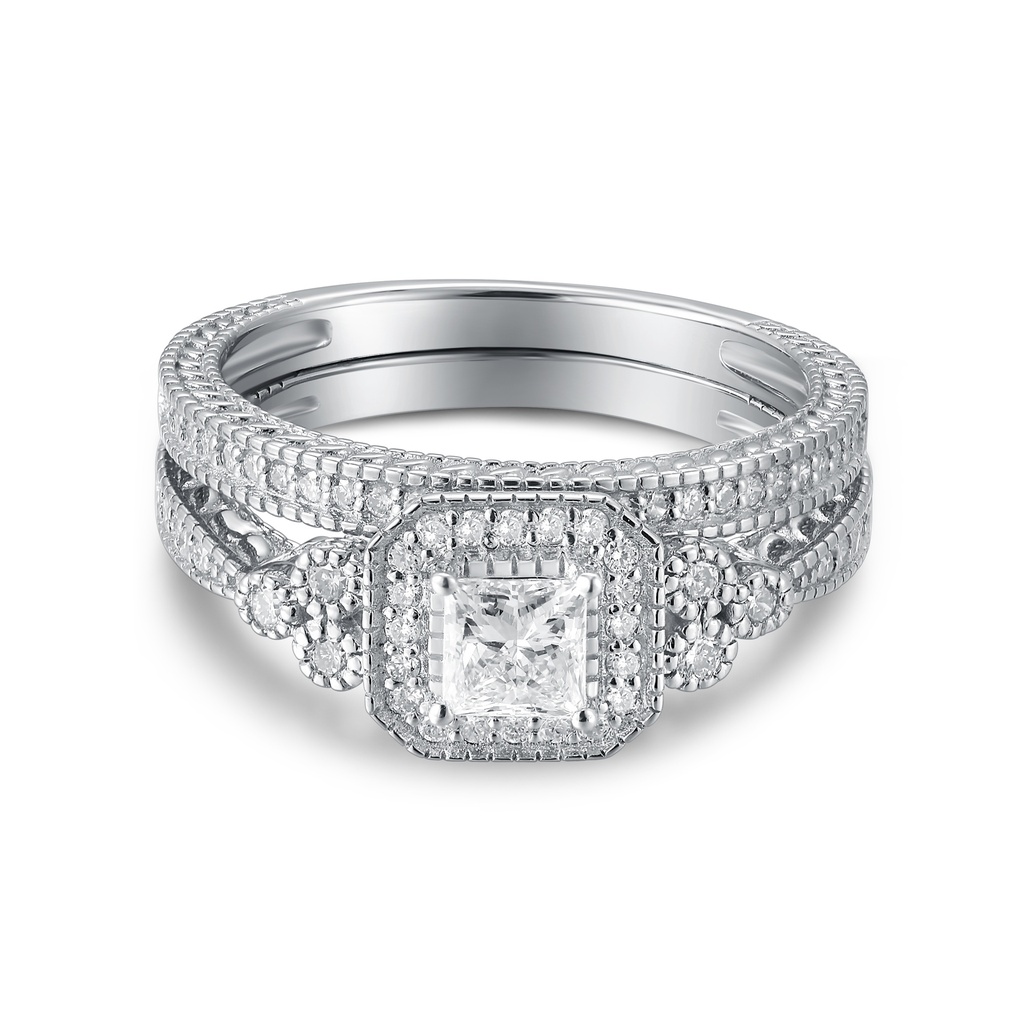 Vintage Milgrain Princess Halo Stainless Steel CZ Bridal Engagement Set