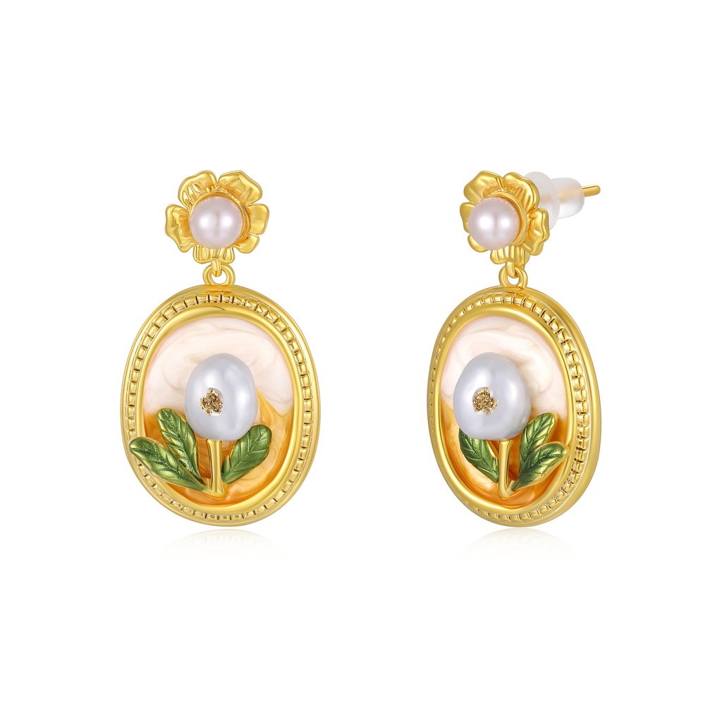 [JY20E0067] Vintage Oval Flower Pearl Earrings with Enamel Details