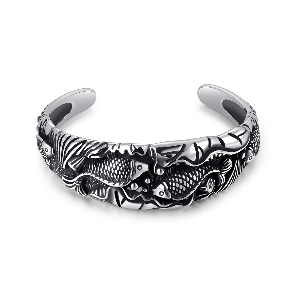 Vintage Oxidized Koi Fish Brass Cuff Bracelet for Men Jewelry