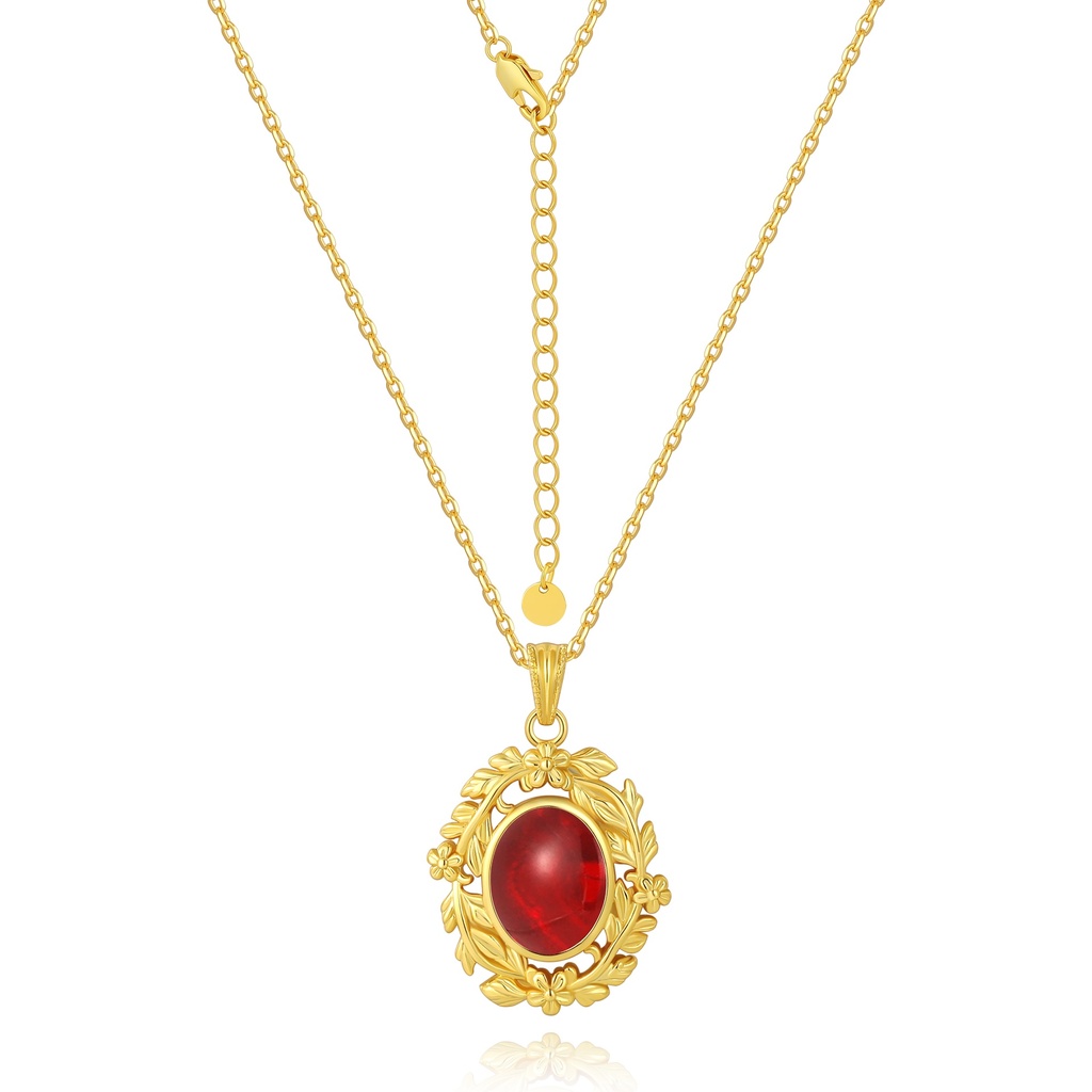 [PD02N0229] Vintage Red Oval Gem Pendant with Floral Frame Necklace