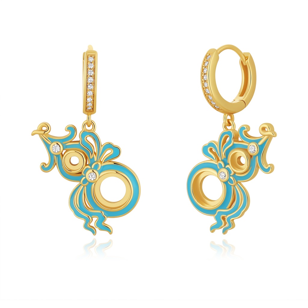[PD02E0152] Vintage Scroll Drop Earrings in Gold with Blue Enamel Flourish