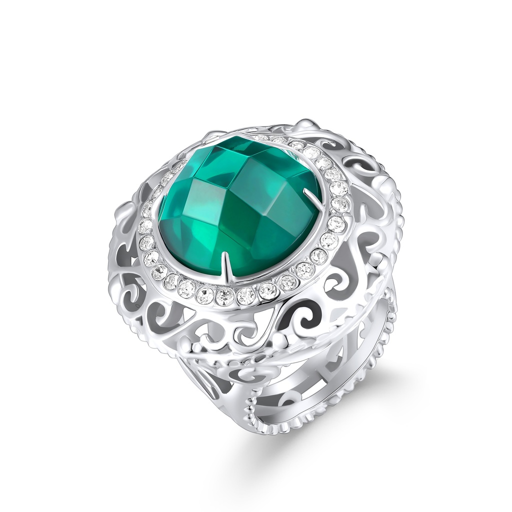 Vintage Stainless Steel Green Crystal Statement Ring with Filigree Design