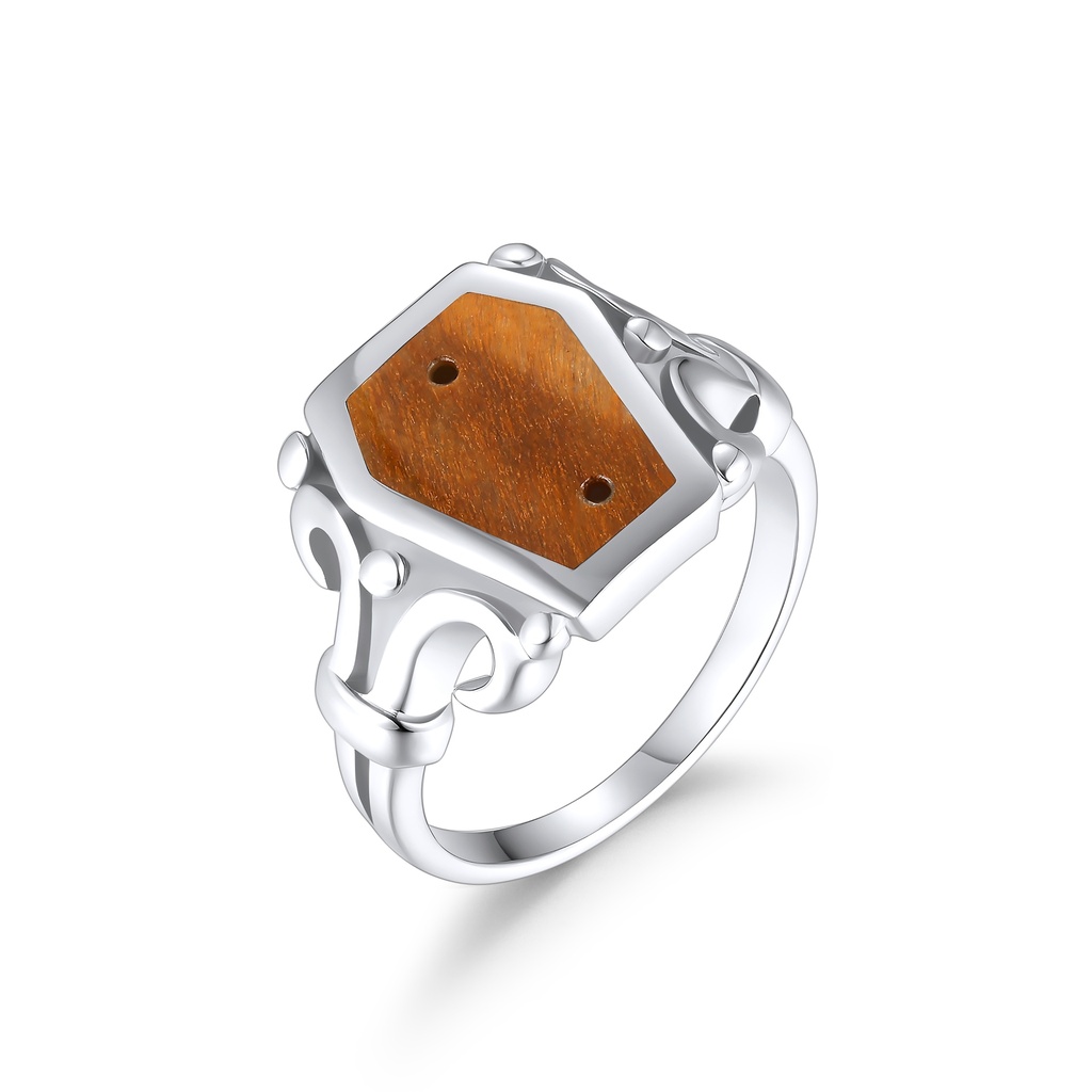 Vintage Stainless Steel Ring with Hexagonal Wood-Inspired Inlay Design