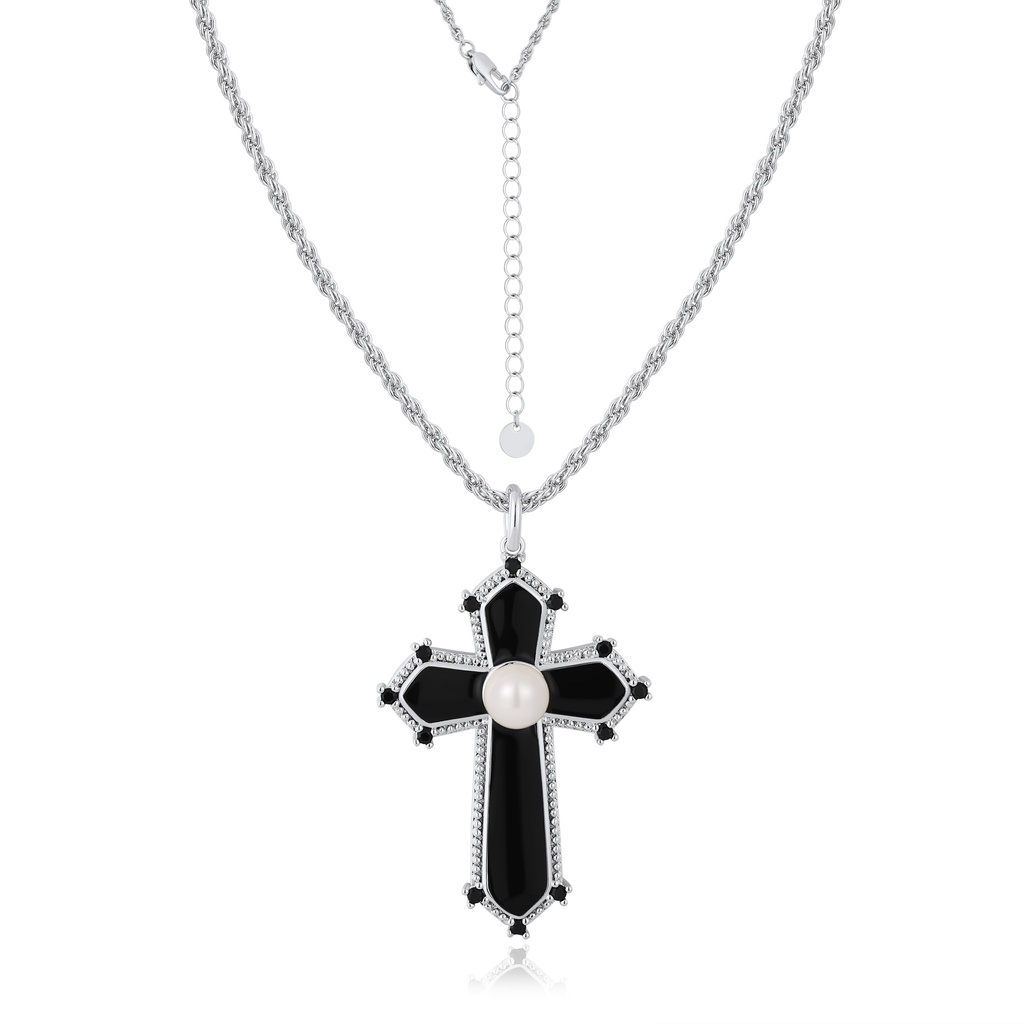 [PD02N0198] Vintage gothic cross necklace with black enamel and pearl detail.