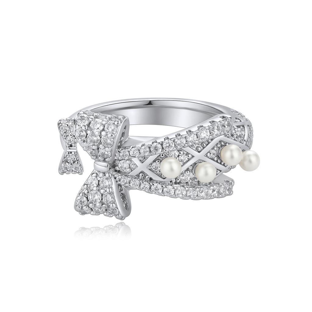 [BJ01R0084] Vintage-Inspired Bow Ring with Pearls and Crystal Embellishments