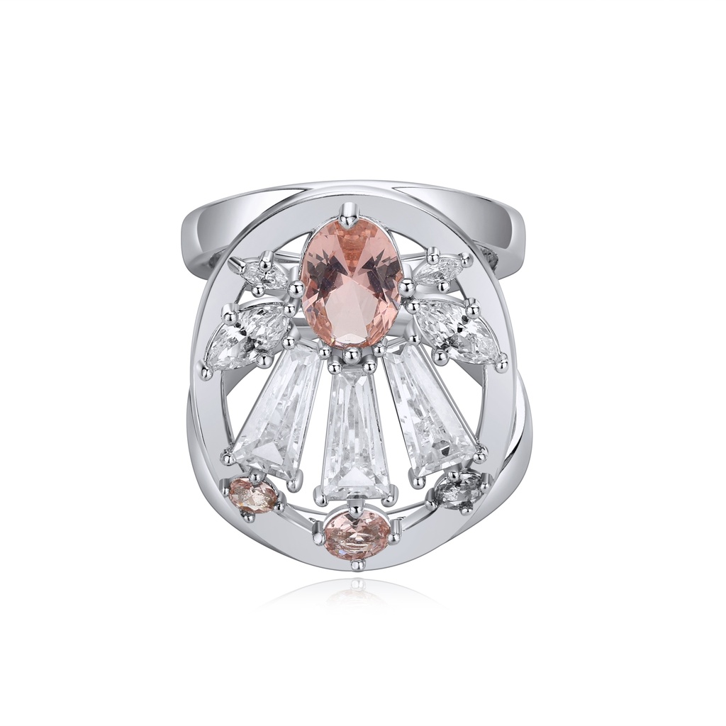 [BJ01R0080] Vintage-Inspired Brass Ring with Peach and Clear Crystal Accents