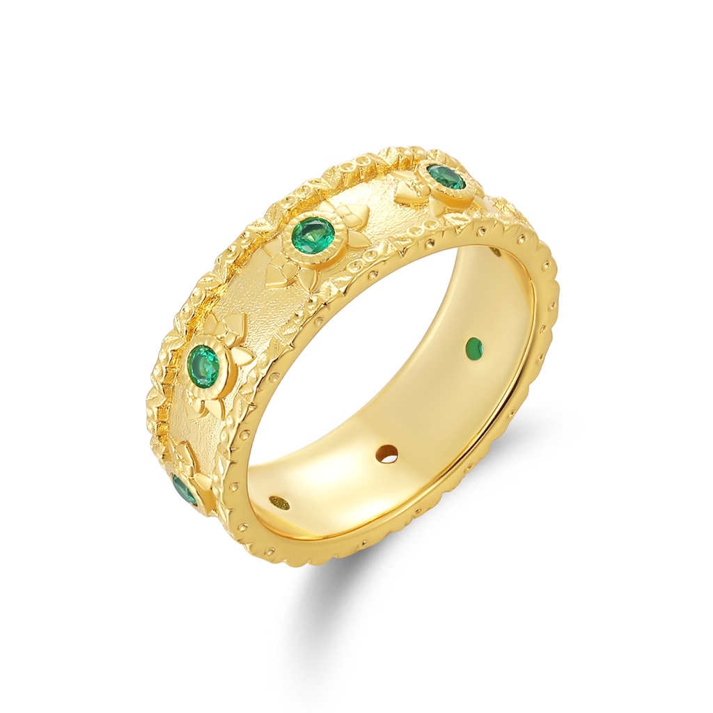 [PD02R0075] Vintage-Inspired Floral Brass Ring with Green Gem Accents
