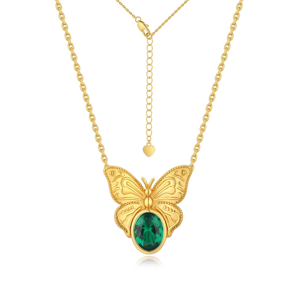 [PD02N0265] Vintage-Inspired Gold Butterfly Necklace with Emerald Green Gemstone Center