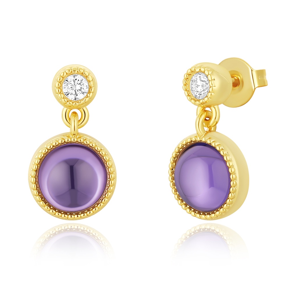 [PD02E0133] Vintage-Inspired Gold Earrings with Purple Glass and CZ Top