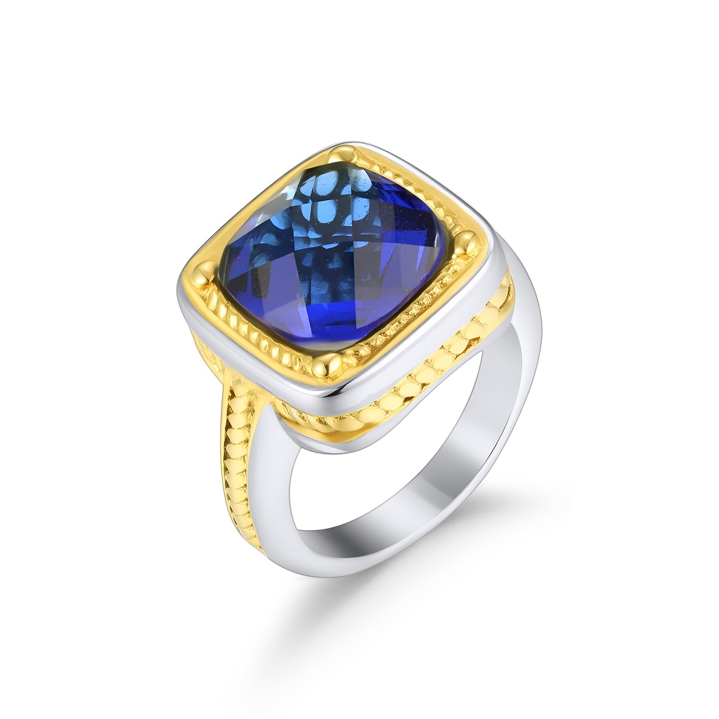 Vintage-Inspired Gold Stainless Steel Ring with Blue Cushion Gemstone