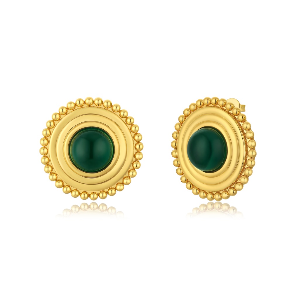 [PD02E0199] Vintage-Inspired Gold Studs with Deep Green Cabochon