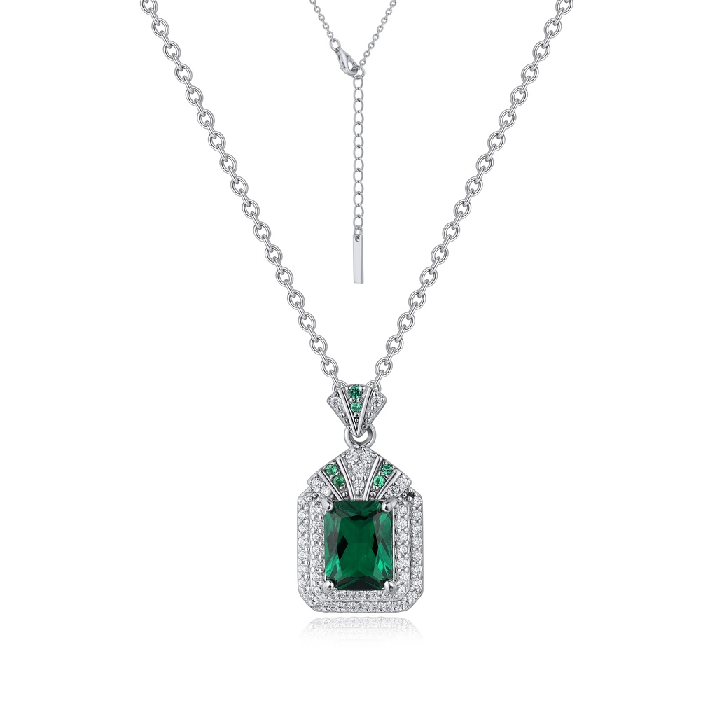 [SZ05N0075] Vintage-Inspired Green Gemstone Necklace with Double Halo Crystals
