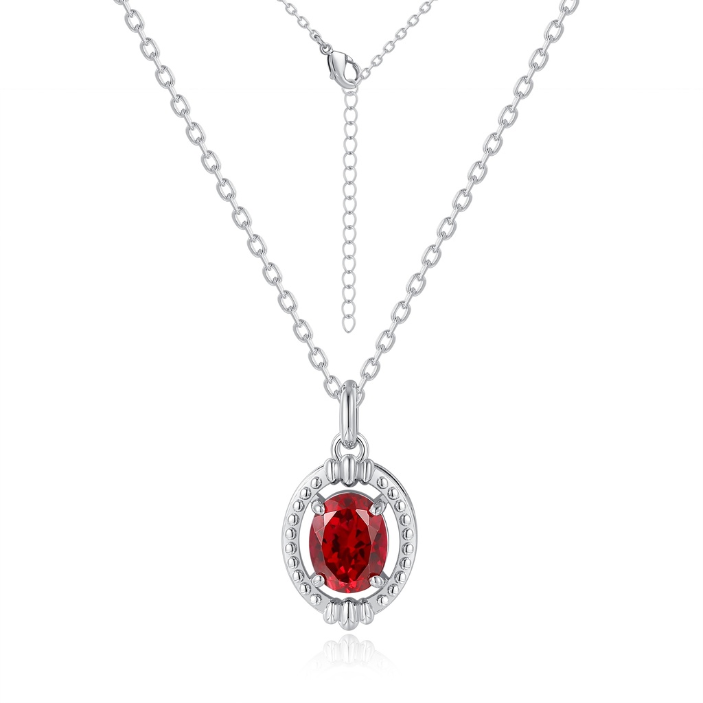 Vintage-Inspired Red Oval Pendant Necklace in Stainless Steel Setting