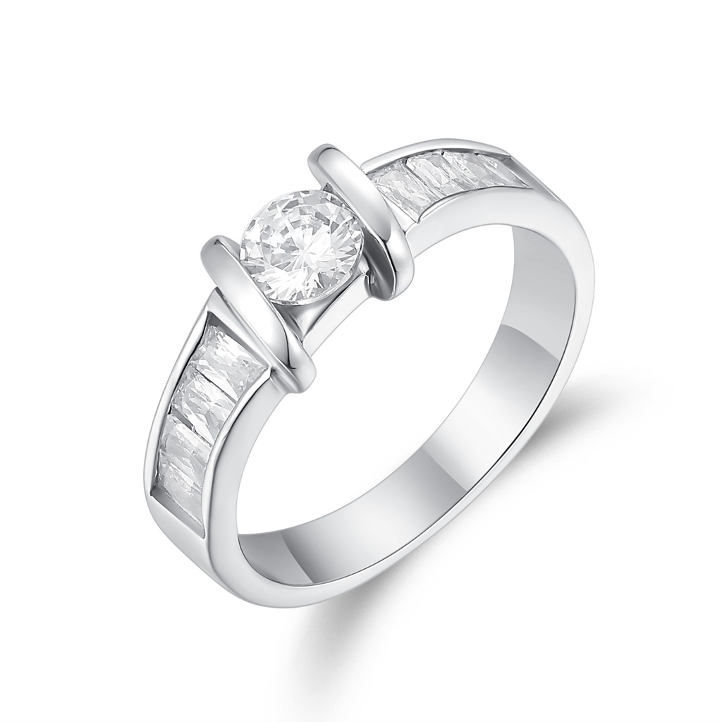 Channel-Set Stainless Steel Ring with Round and Princess-Cut Stones