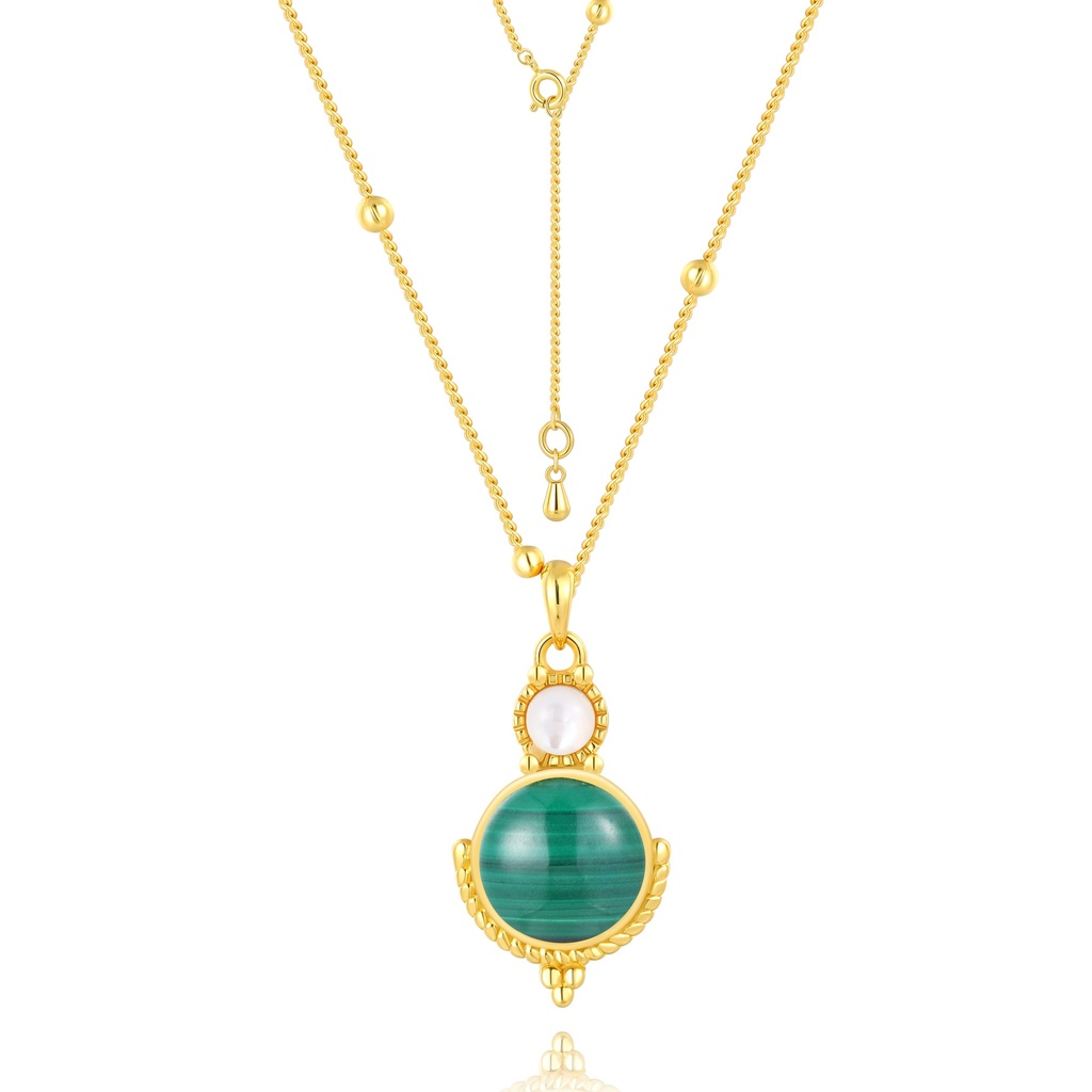 [JY18N0168] Vintage-inspired necklace with green malachite and luminous pearl accent