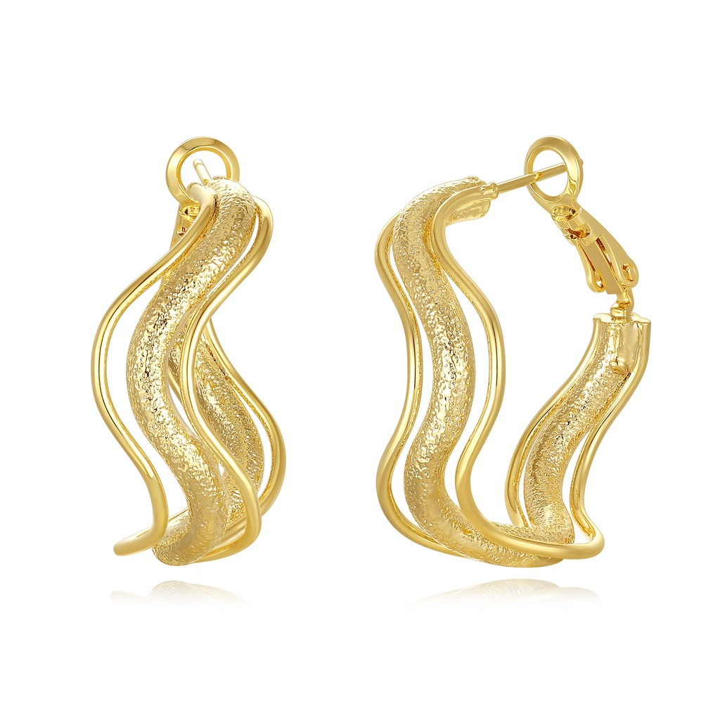 [JY20E0030-1] Wave-Inspired Gold Brass Textured Sculptural Statement Earrings