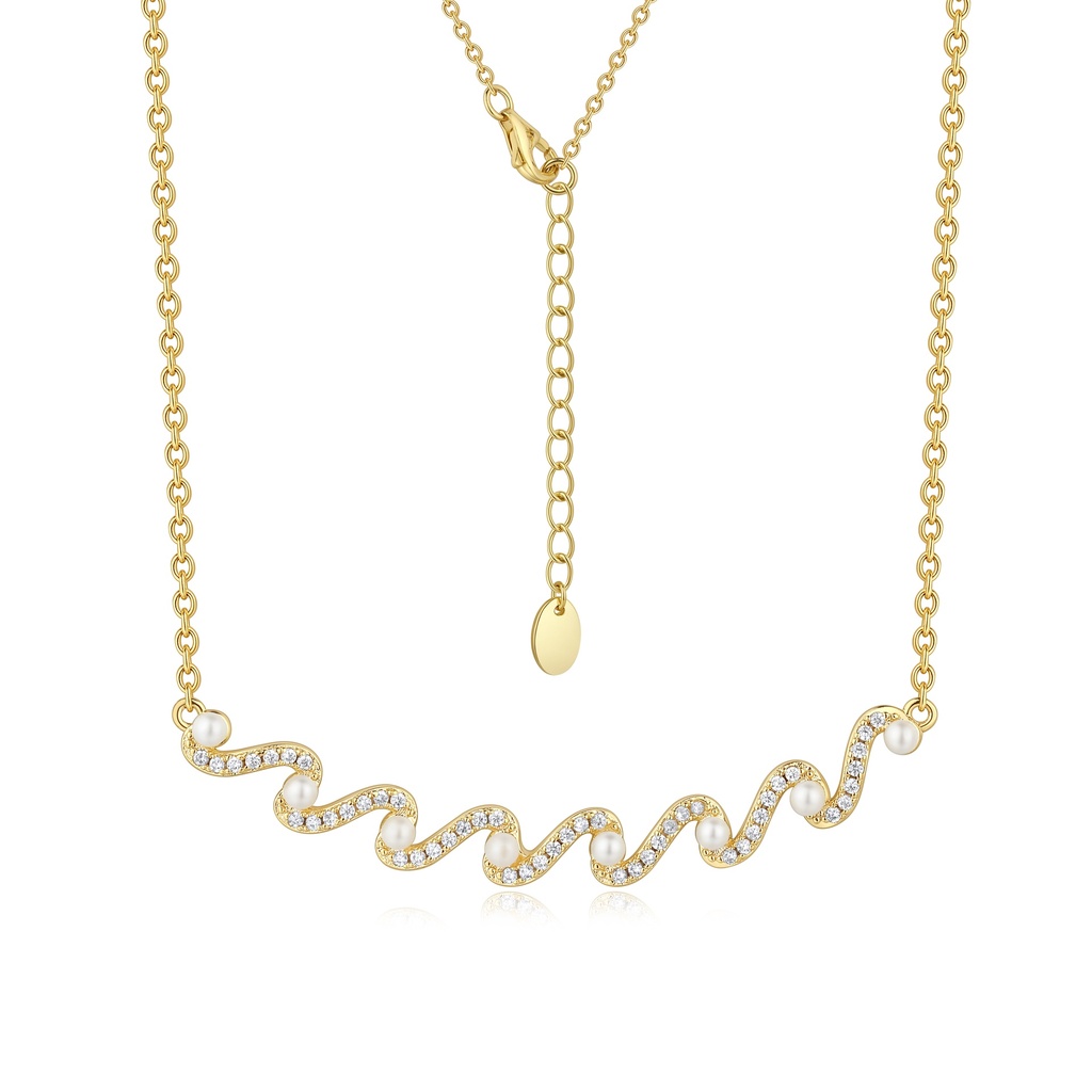 [SZ05N0245] Wave-Inspired Gold Necklace with Pearls and Crystal Accents