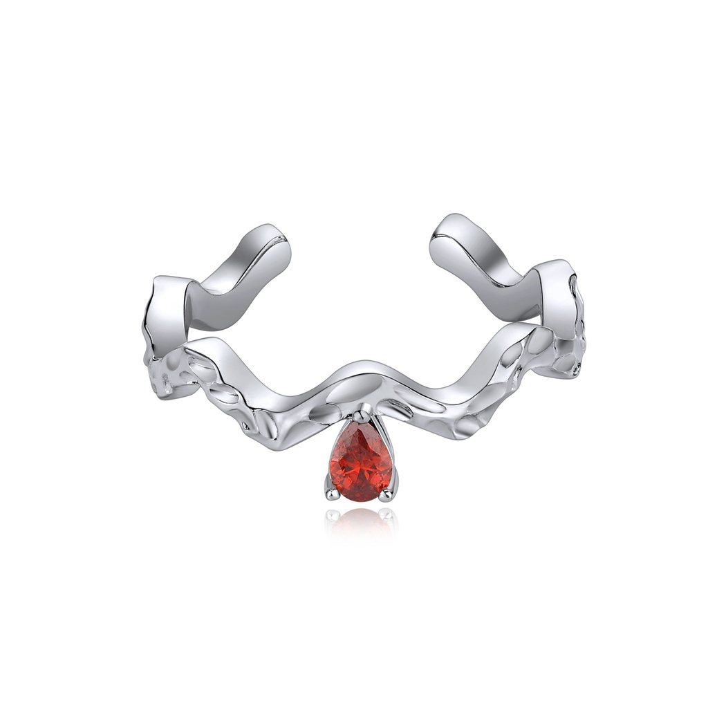 [BJ01R0086] Wavy Brass Ring with Dangling Red Teardrop CZ Charm
