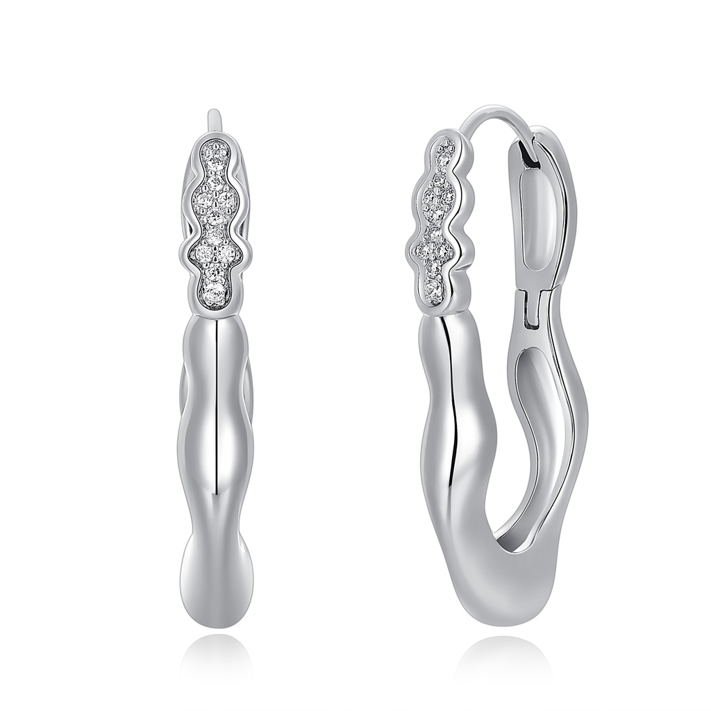 [PD02E0191] Wavy Silver Hoop Earrings with Sparkling Crystal Accent