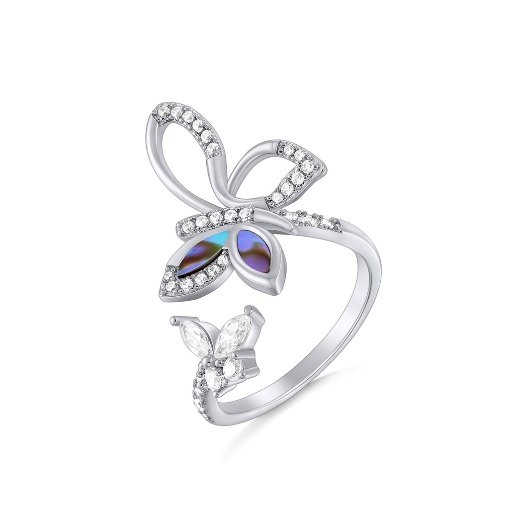 [PD02R0095] Whimsical Butterfly-Inspired Open Ring with Crystal and Shell Accents