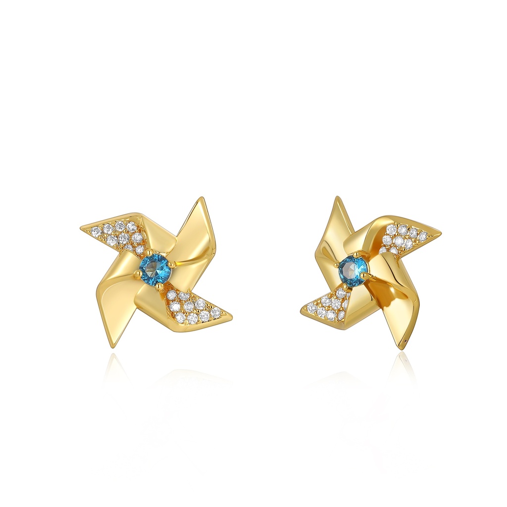 [PD02E0075] Whimsical Gold Pinwheel Stud Earrings with Blue Accent