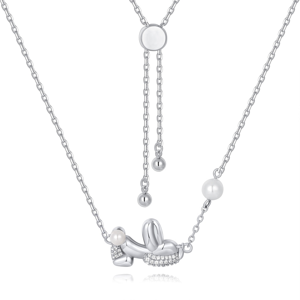 [PD02N0232] Whimsical Silver Balloon Dog Necklace with Pearls and Sparkling Crystals