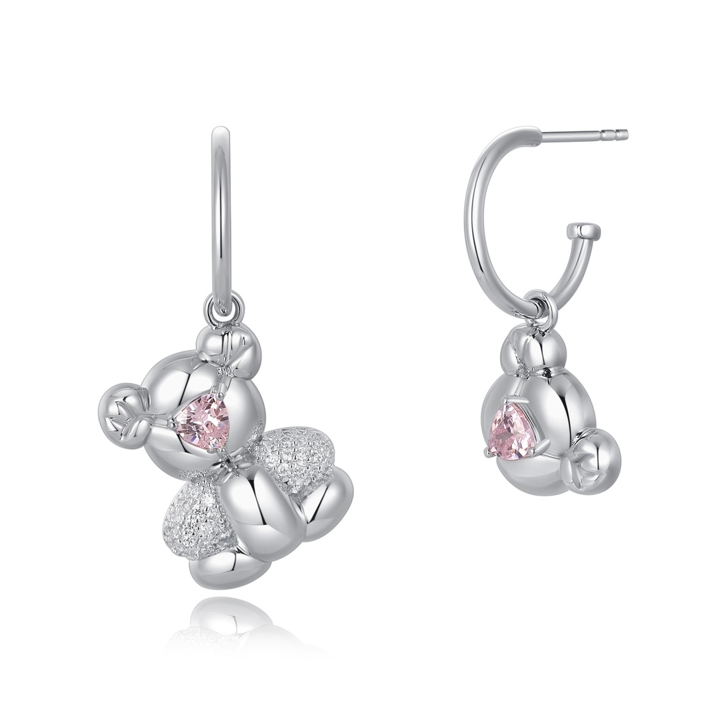 [PD02E0127] Whimsical Teddy Bear Earrings with Sparkling Pink Heart Crystals