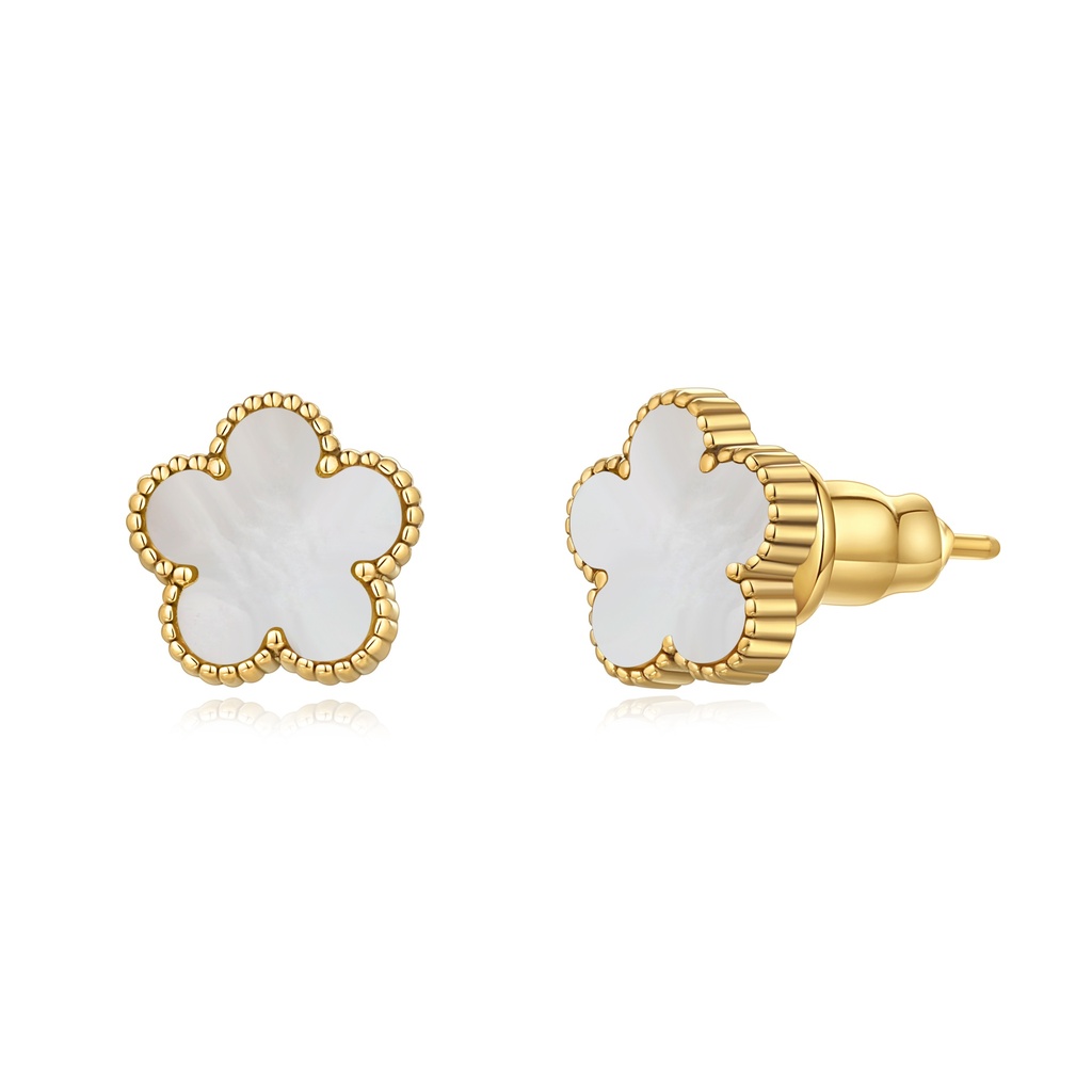 [DJ01E0144-2] White Clover Stud Earrings Stainless Steel with Gold Beaded Border