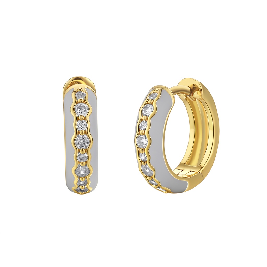 [BJ01E0550] White Enamel and Crystal Gold Huggies with Luxe Detail