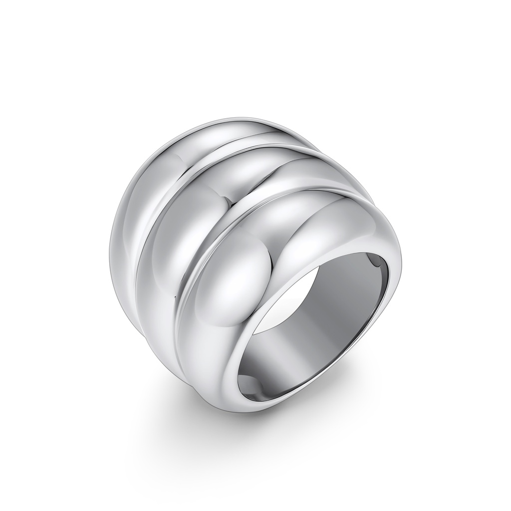 Wide Band Stainless Steel Ring with Modern Layered Dome Design