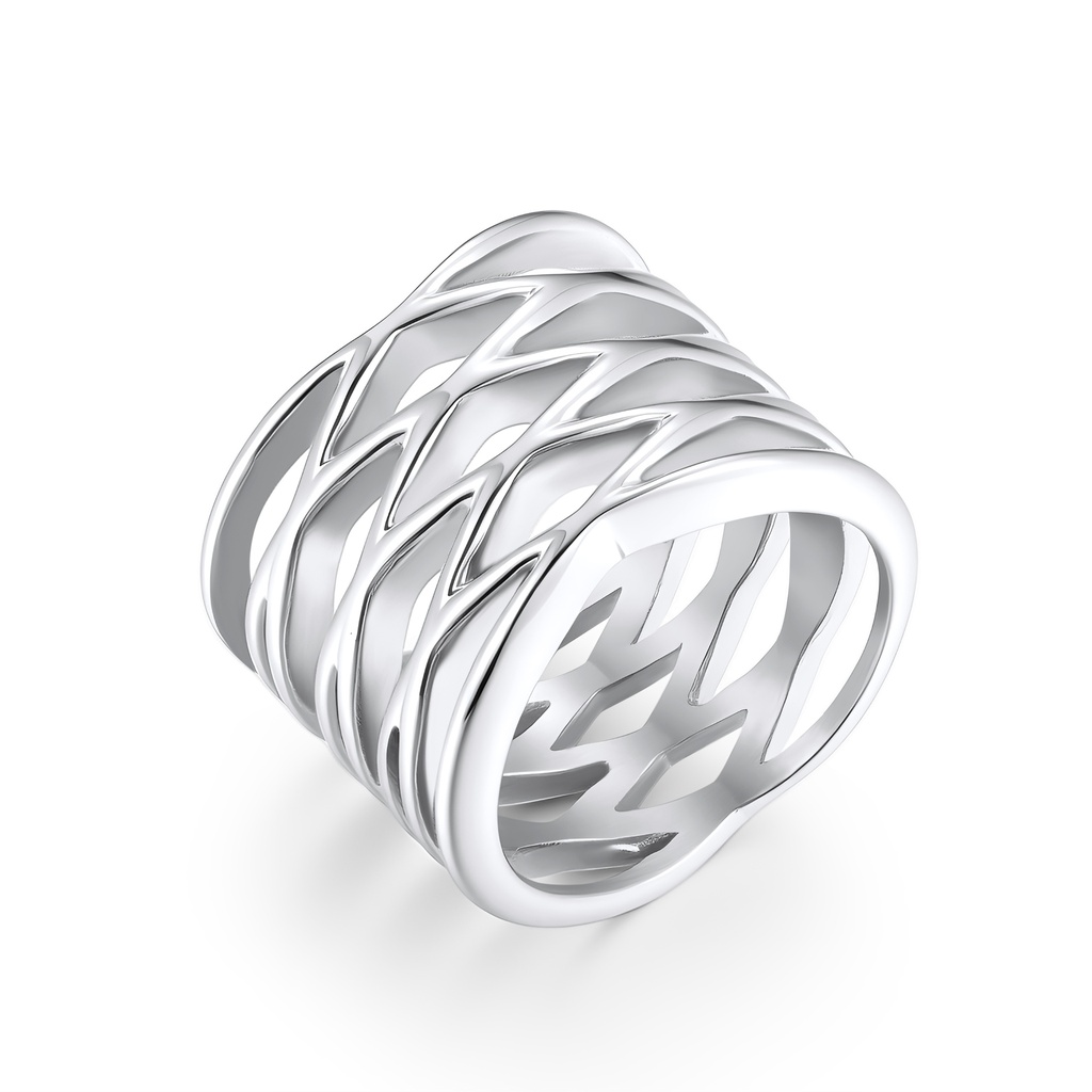Wide Cut-Out Stainless Steel Ring with Modern Geometric Pattern