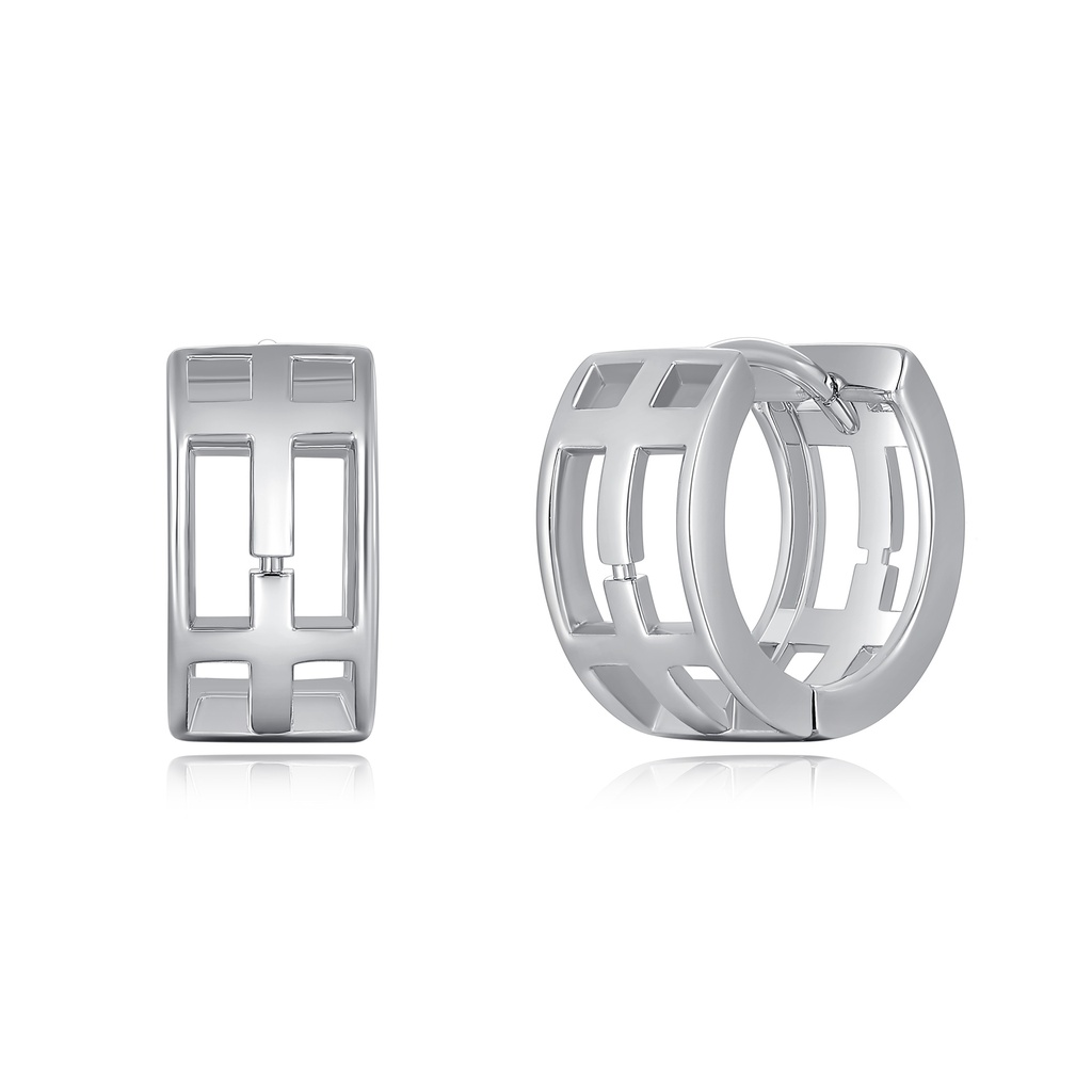 [PD02E0045] Wide Geometric Silver Hoop Earrings with Cutout Design