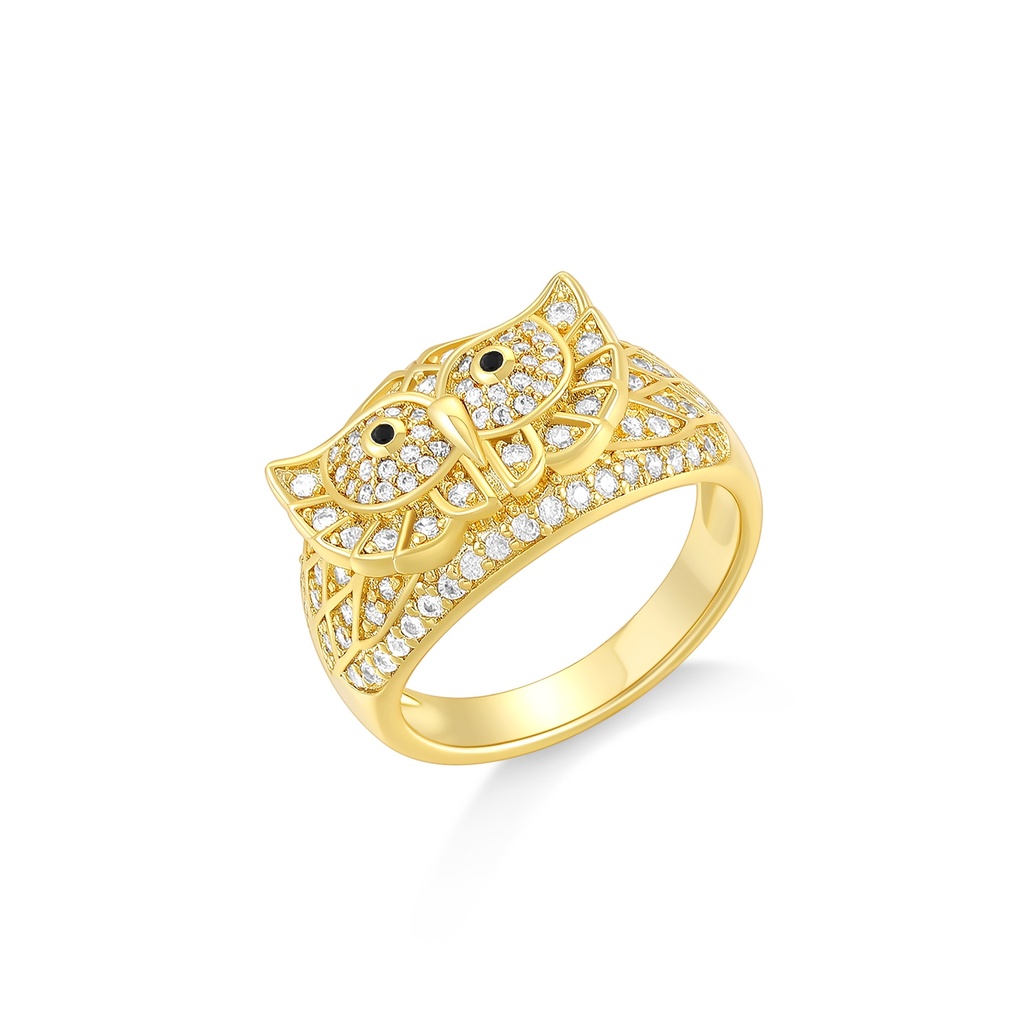 [PD02R0112] Wise Owl Brass Ring with Sparkling CZ and Gold Finish