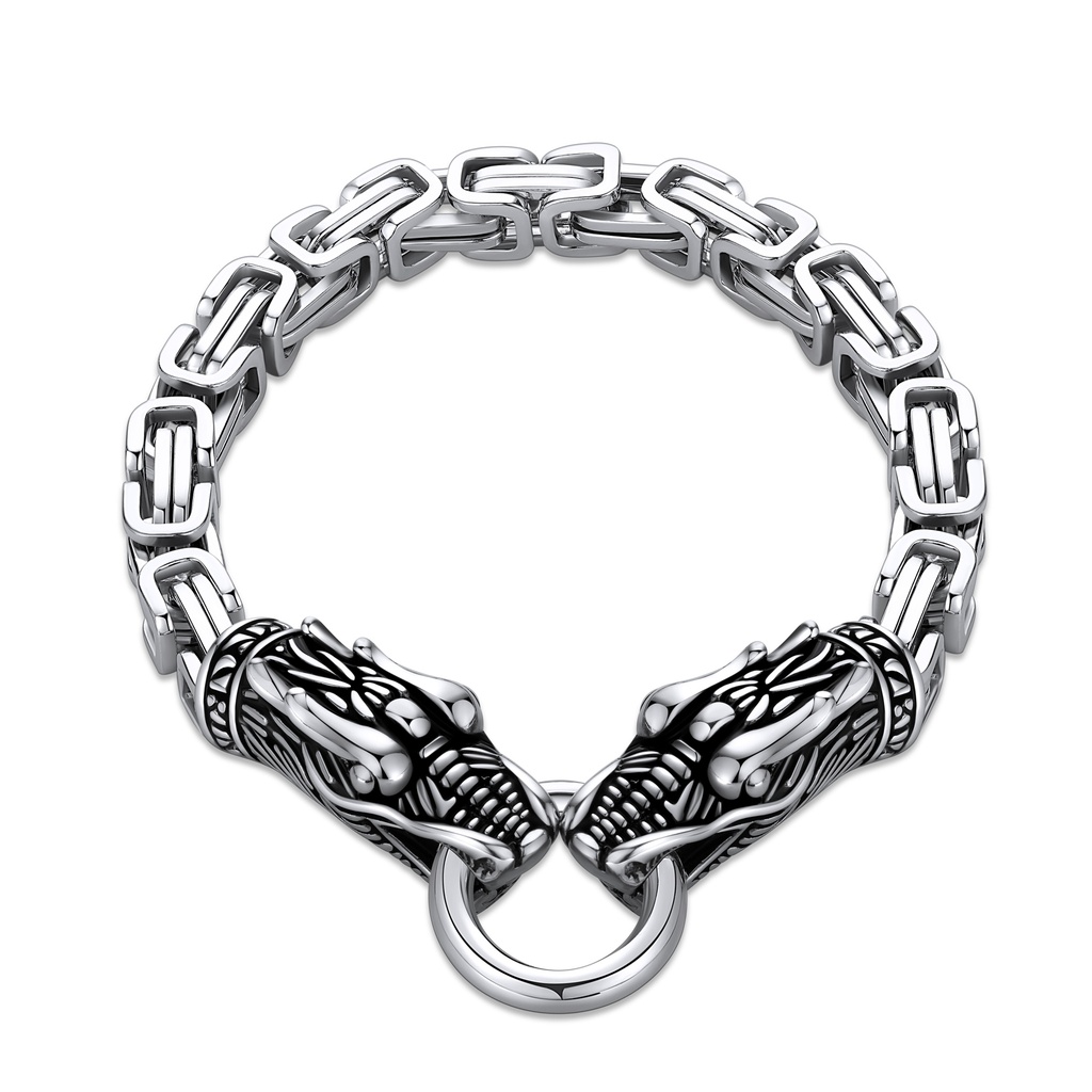 [DJ01B0045] Wolf Head Stainless Steel Chain Bracelet with Ring Clasp Detail