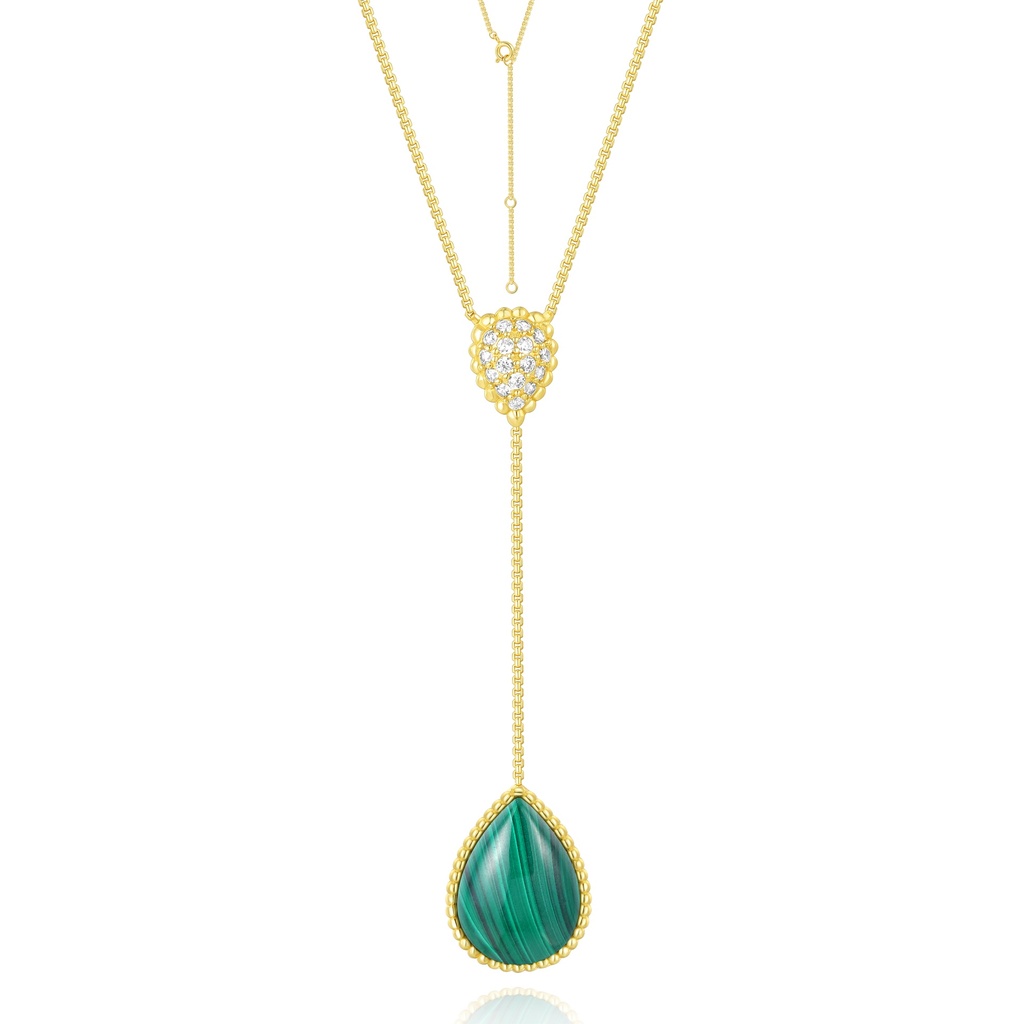 [JY18N0166-2] Y-shaped necklace with green malachite teardrop and crystal heart