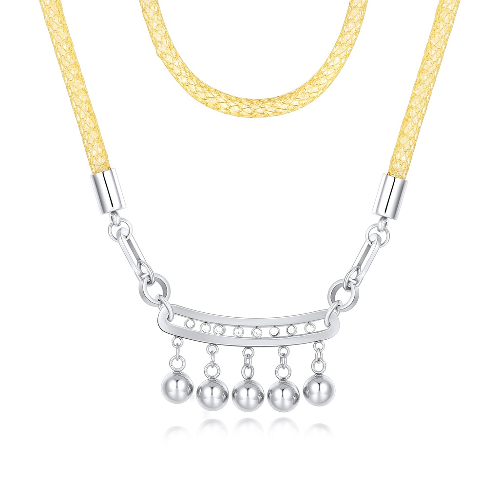 Yellow Rope Stainless Steel Necklace with Dangling Silver Ball Charms