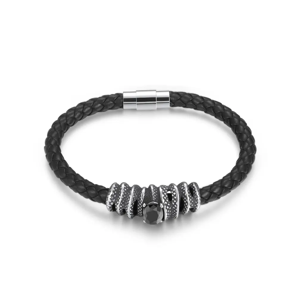 Men's Black Braided Leather Bracelet with Stainless Steel Accents and Onyx Stone Magnetic Clasp Design