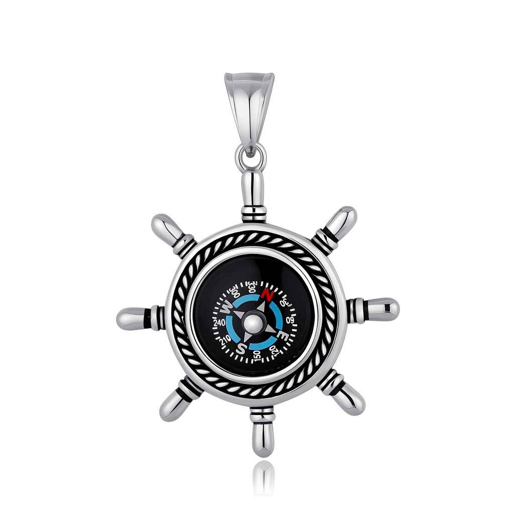 Adventure-ready compass pendant shaped like a ship's captain wheel. (Silver)