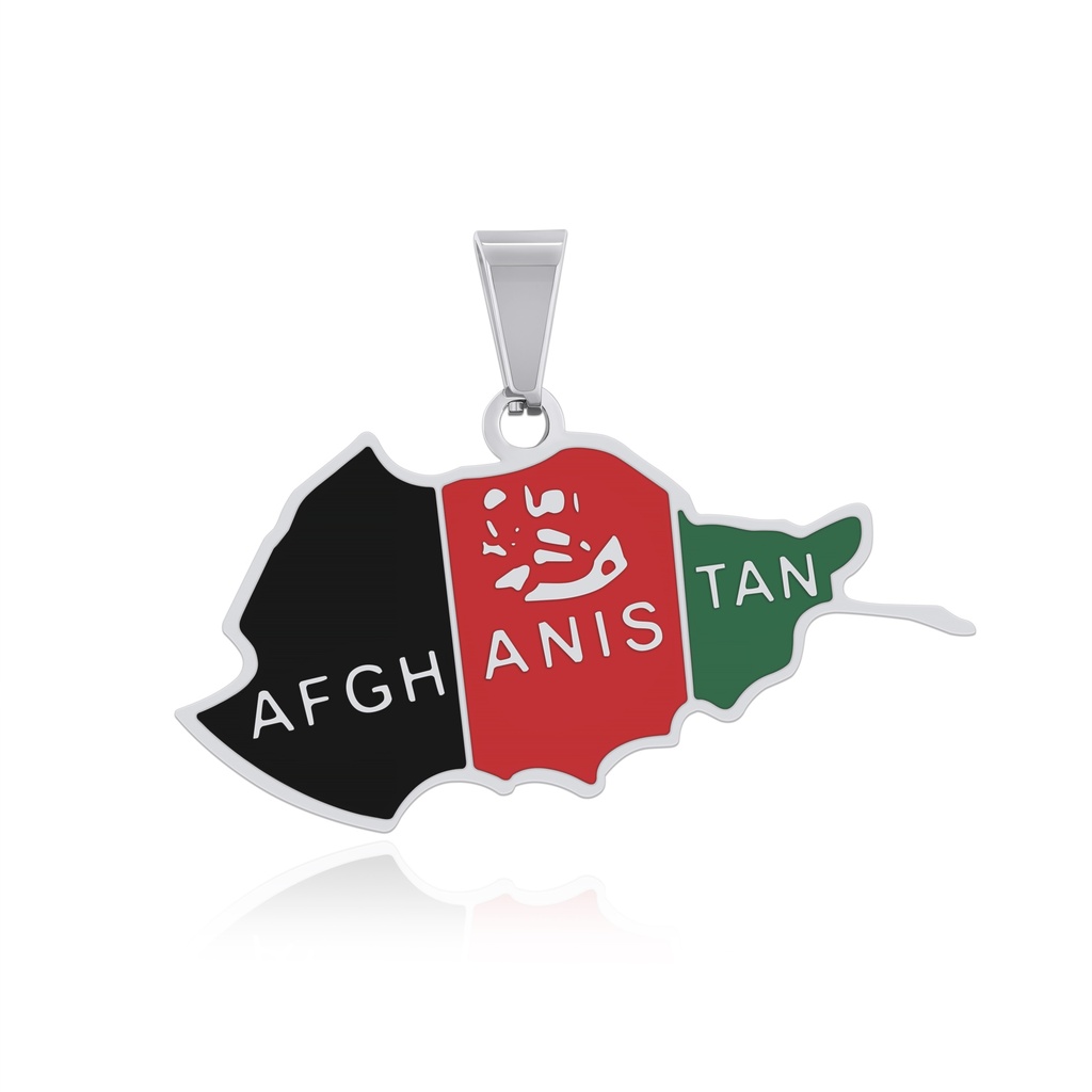 Afghanistan Map Pendant Stainless Steel Flag Colors Jewelry Charm (Silver)