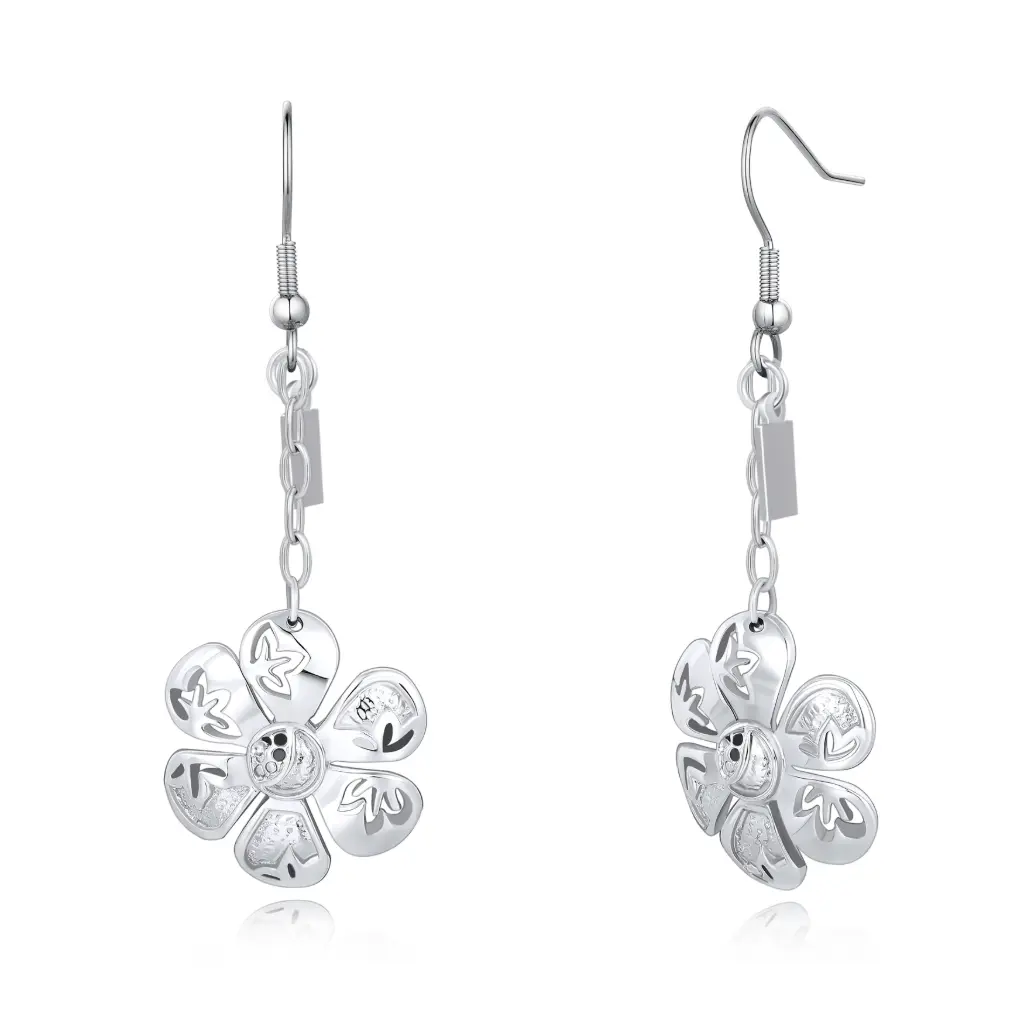 Premium Stainless Steel Floral Cut-Out Dangle Earrings - Elegant Silver-Tone Flower Drop Earring Set（DJ01E0161）