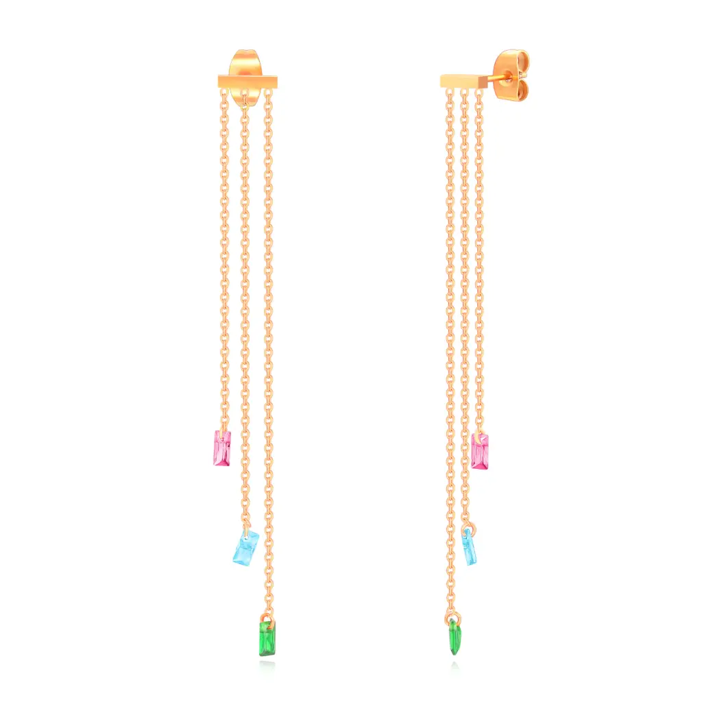 Rose Gold-Tone Stainless Steel Multi-Chain Tassel Earrings with Colorful Baguette CZ Stones（DJ01E0170-2）