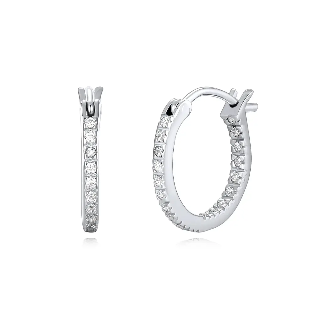 Premium Stainless Steel Pave-Set CZ Hoop Earrings - Classic Silver-Tone Huggie Earrings（DJ01E0171）