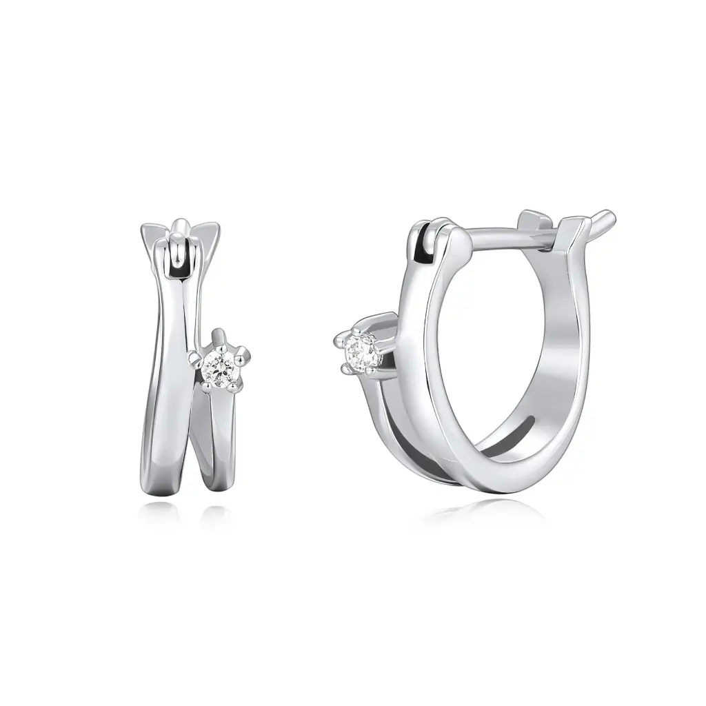 Stainless Steel Layered Double Hoop Solitaire CZ Huggie Earrings - Modern Minimalist Style（DJ01E0173）