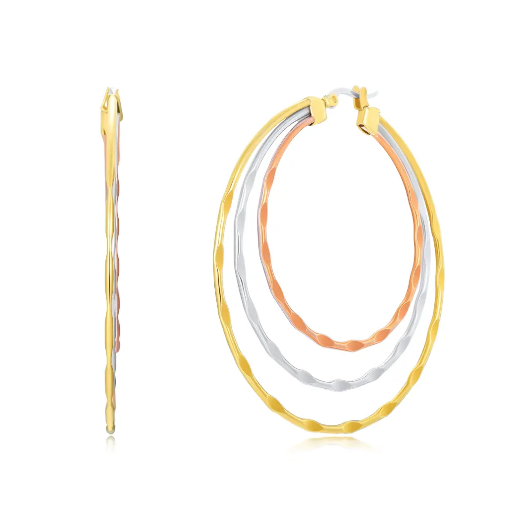 Premium Tri-Color Layered Hoop Earrings - Stainless Steel Hammered Texture Triple-Hoop Set（DJ01E0241）