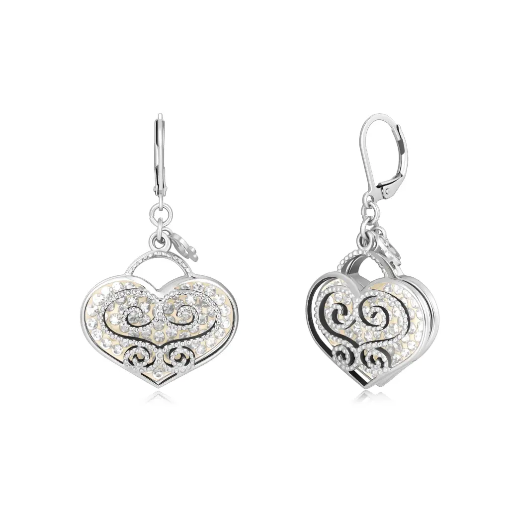 Premium Stainless Steel Heart-Shaped Filigree Dangle Earrings - Ornate Crystal-Pave Drop Earrings（DJ01E0243）