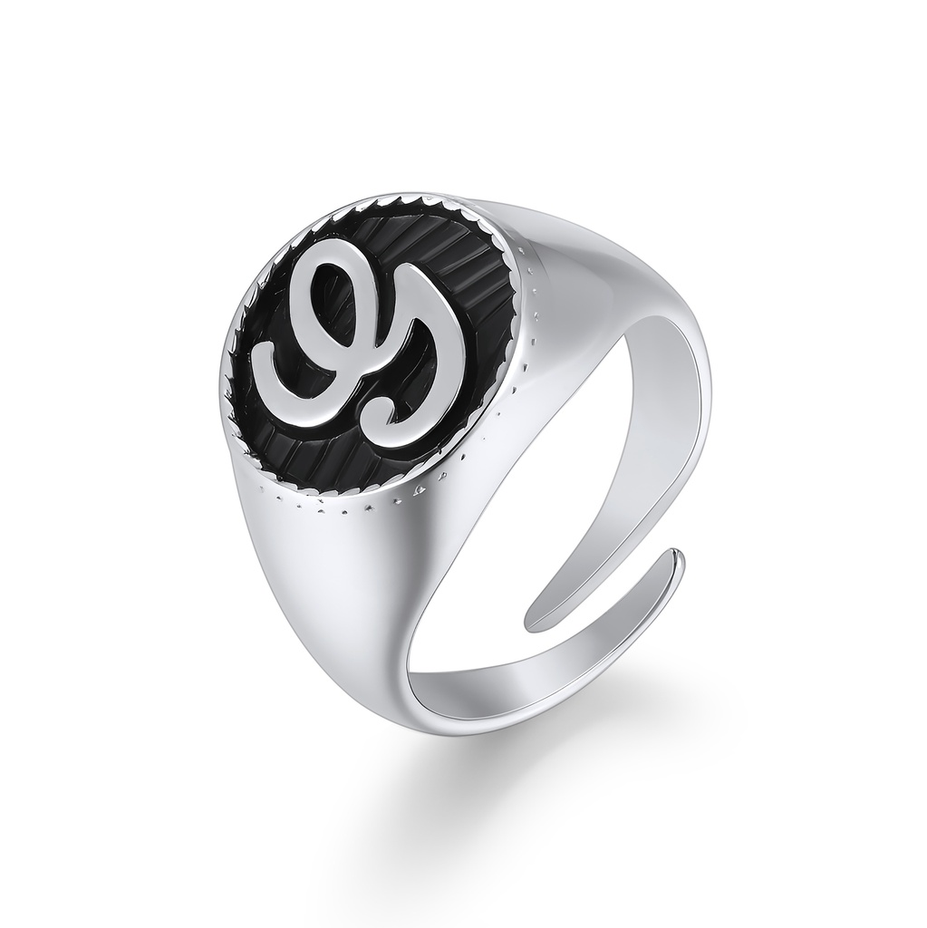 Adjustable Stainless Steel Ring with Black Enamel and Script Motif