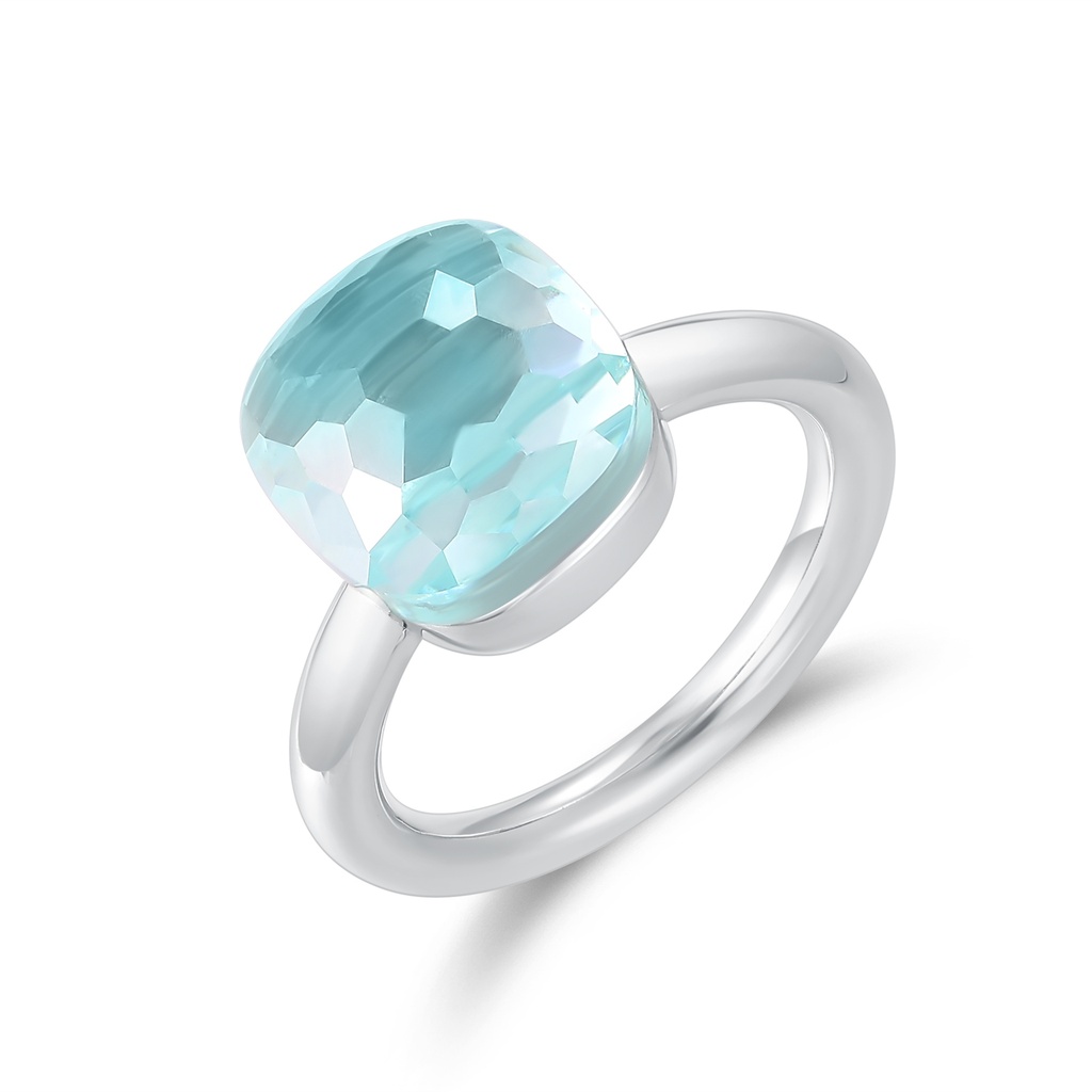 Aqua Cushion Crystal Stainless Steel Ring, Polished Silver-Tone Bezel Setting (Silver)