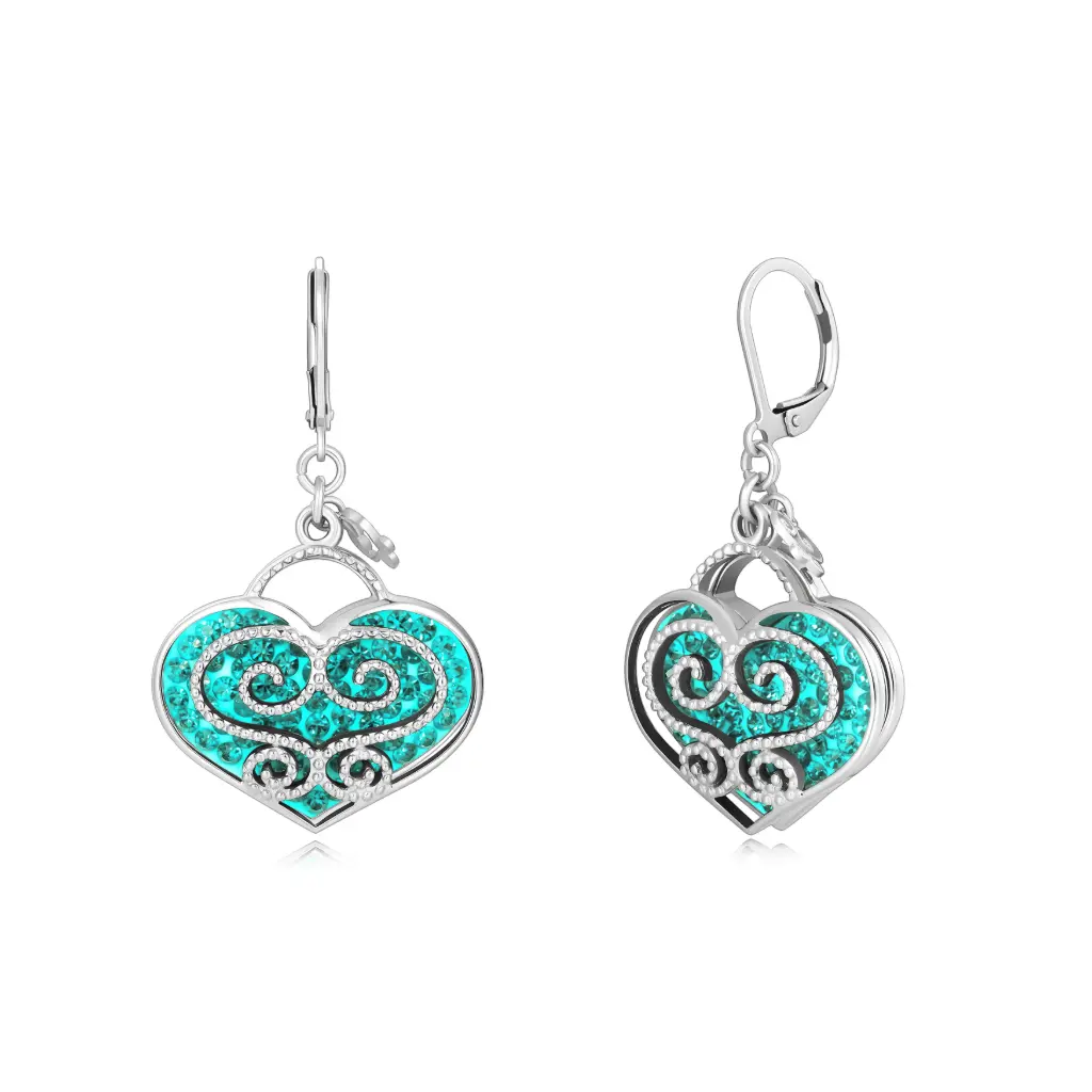 Premium 925 Sterling Silver Turquoise Crystal Heart Filigree Dangle Earrings - Vibrant Romantic Statement Jewelry（DJ01E0289-2）