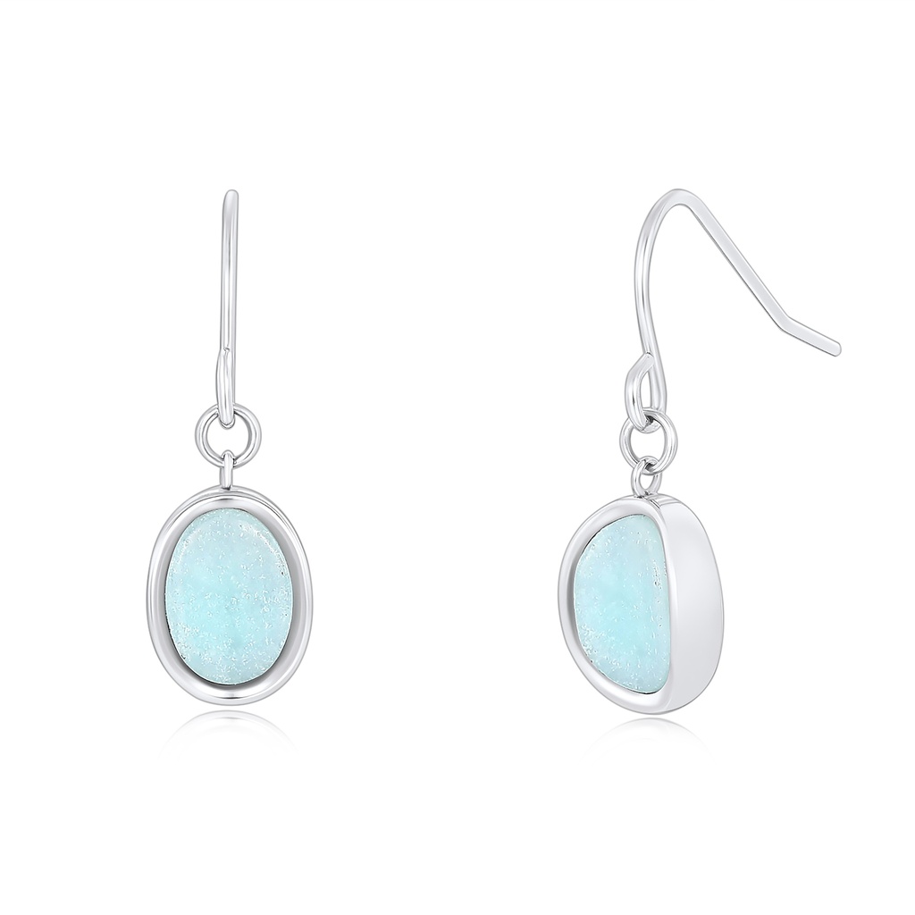 Aqua Opalescent Oval Stainless Steel Drop Earrings, Polished Bezel Hooks (Silver)