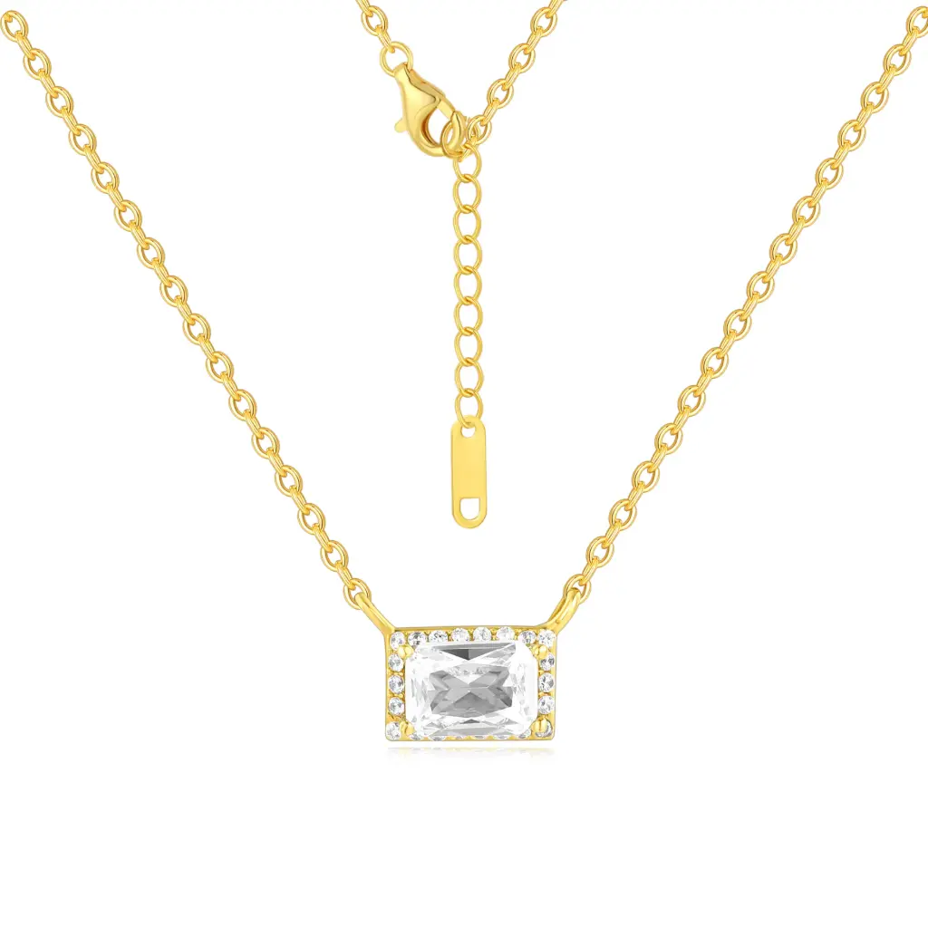 Premium 925 Sterling Silver Emerald-Cut Halo Pendant Necklace - Gold-Plated Minimalist Jewelry（DJ01N0212）